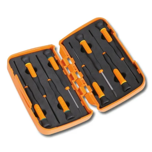 Juego de 8 microdestornilladores planos y Phillips®, en estuche de plástico rígido