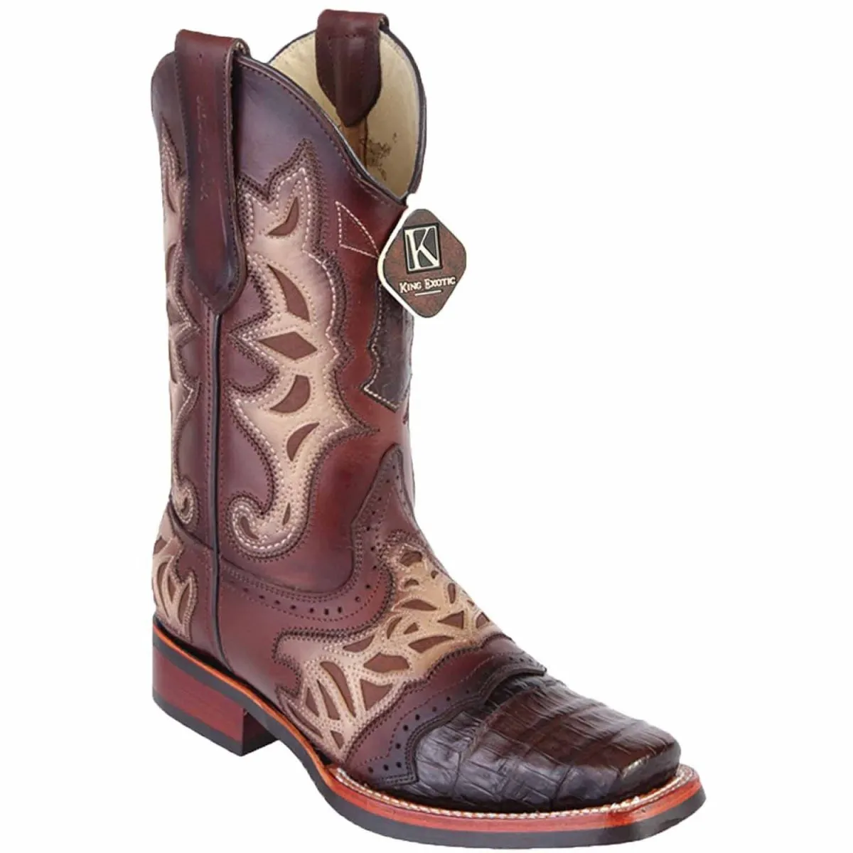 KING EXOTIC MEN'S CAIMAN BELLY SQUARE TOE BOOTS WITH SADDLE  BROWN 48118207