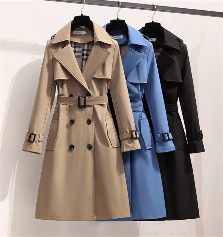Moda Primavera Invierno Gabardinas Inglaterra Mujeres Cazadora Suelta Larga Elegante Cinturón Chaquetas Doble Botonadura Abrigo 