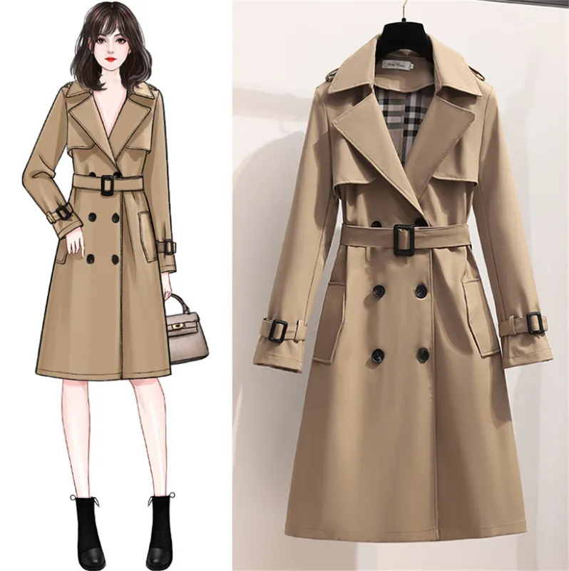 Moda Primavera Invierno Gabardinas Inglaterra Mujeres Cazadora Suelta Larga Elegante Cinturón Chaquetas Doble Botonadura Abrigo 