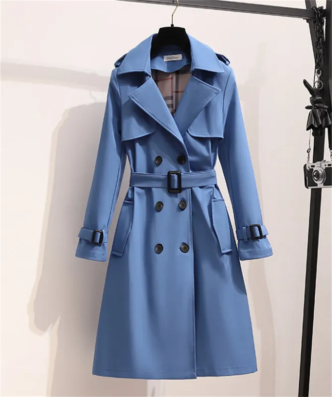 Moda Primavera Invierno Gabardinas Inglaterra Mujeres Cazadora Suelta Larga Elegante Cinturón Chaquetas Doble Botonadura Abrigo 
