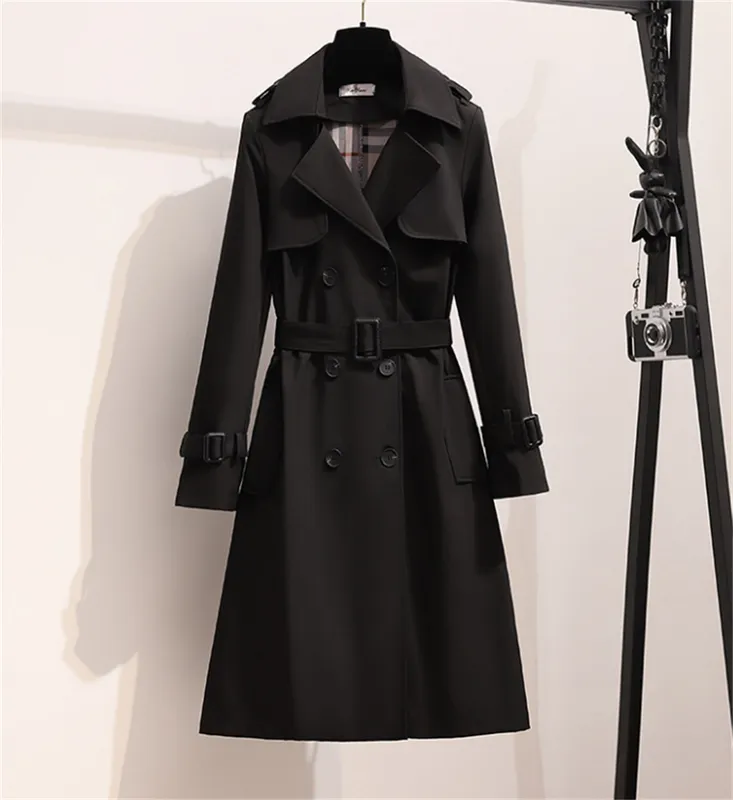 Moda Primavera Invierno Gabardinas Inglaterra Mujeres Cazadora Suelta Larga Elegante Cinturón Chaquetas Doble Botonadura Abrigo 