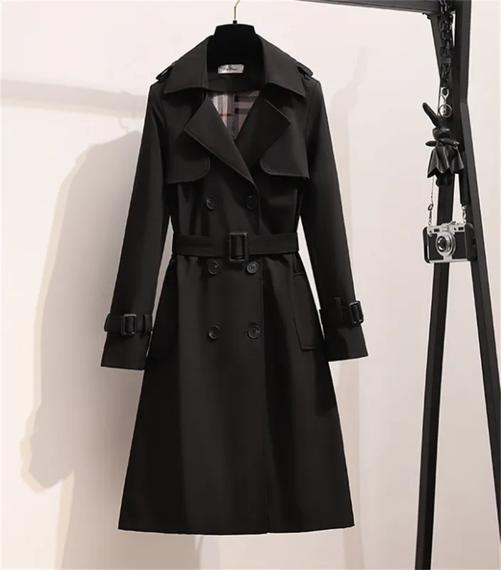 Moda Primavera Invierno Gabardinas Inglaterra Mujeres Cazadora Suelta Larga Elegante Cinturón Chaquetas Doble Botonadura Abrigo 