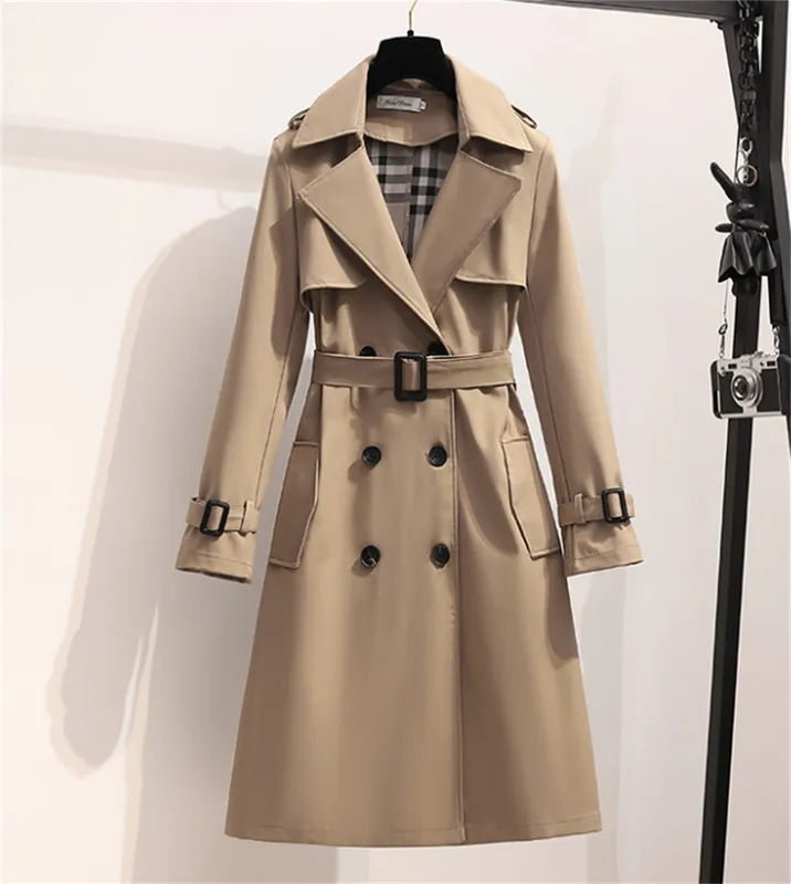 Moda Primavera Invierno Gabardinas Inglaterra Mujeres Cazadora Suelta Larga Elegante Cinturón Chaquetas Doble Botonadura Abrigo 