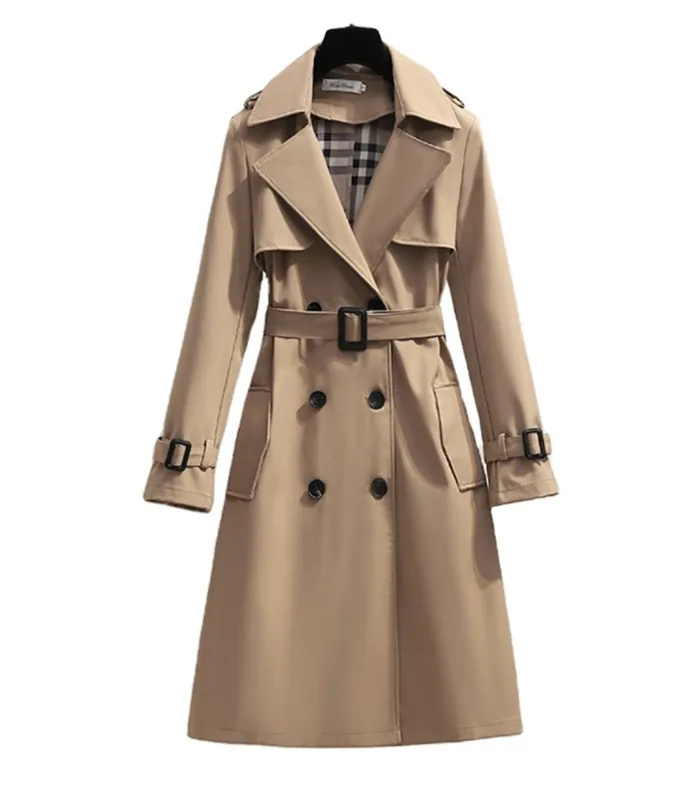 Moda Primavera Invierno Gabardinas Inglaterra Mujeres Cazadora Suelta Larga Elegante Cinturón Chaquetas Doble Botonadura Abrigo 