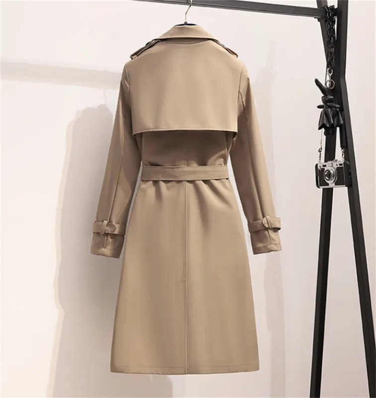 Moda Primavera Invierno Gabardinas Inglaterra Mujeres Cazadora Suelta Larga Elegante Cinturón Chaquetas Doble Botonadura Abrigo 