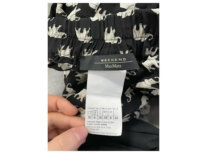 Pantalones rectos de seda negra con estampado de elefante Weekend Max Mara Negro 