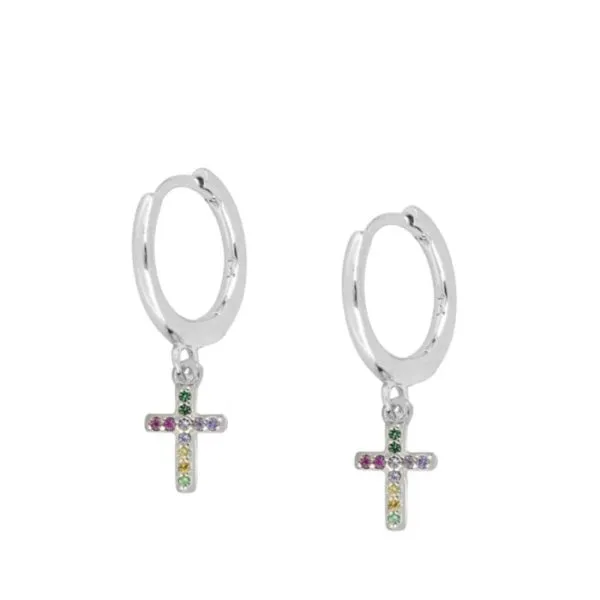 Pendientes en plata Aro Cruz Multicolor