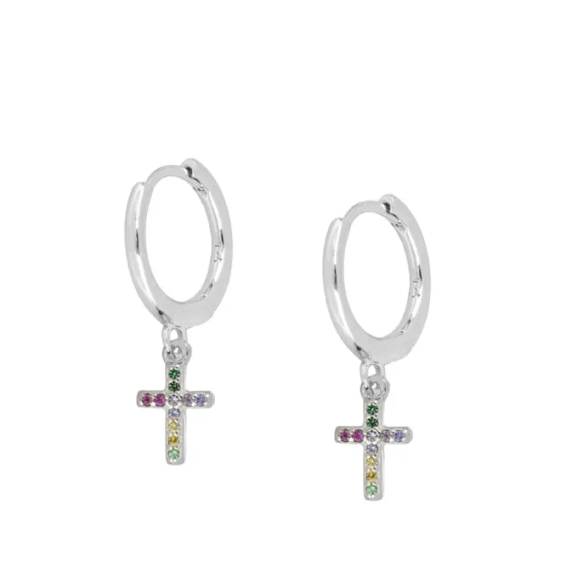 Pendientes en plata Aro Cruz Multicolor