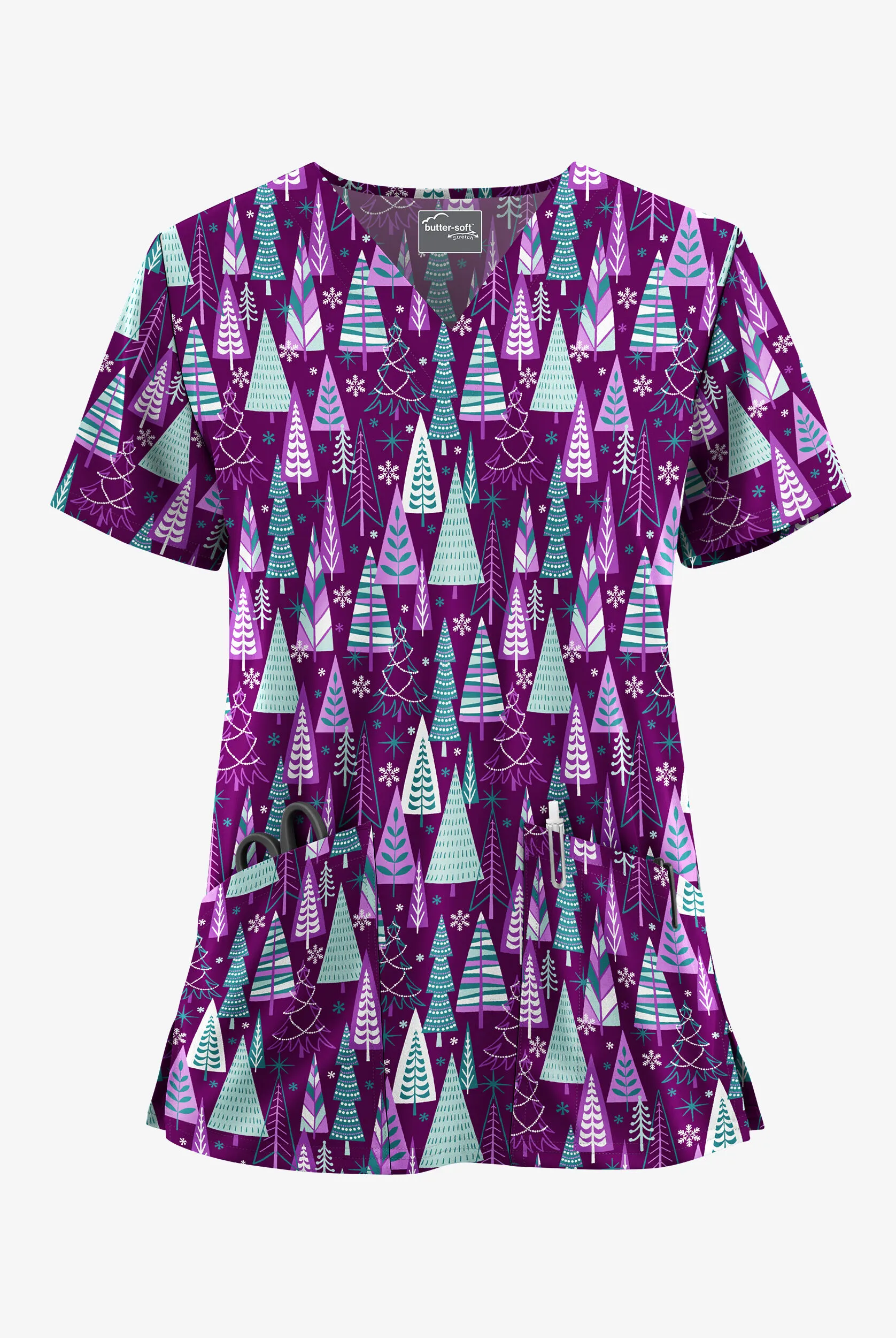 UA BUTTERSOFT STRETCH WINTERTIME EGGPLANT WOMEN'S 2POCKET VNECK PRINT SCRUB TOP